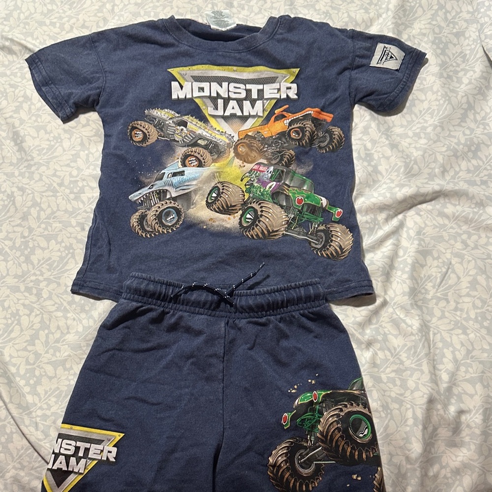 Monster Jam Navy Boys Tee & Shorts Set - Navy with Multi-Color Truck Graphics